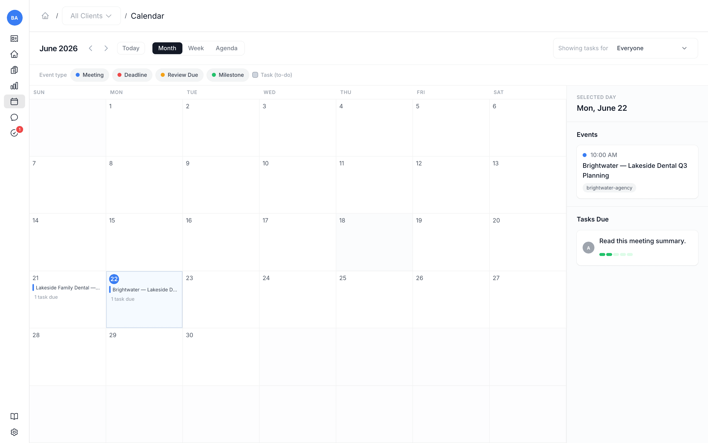 The Calendar — meetings, task due dates, and review due dates on a timeline