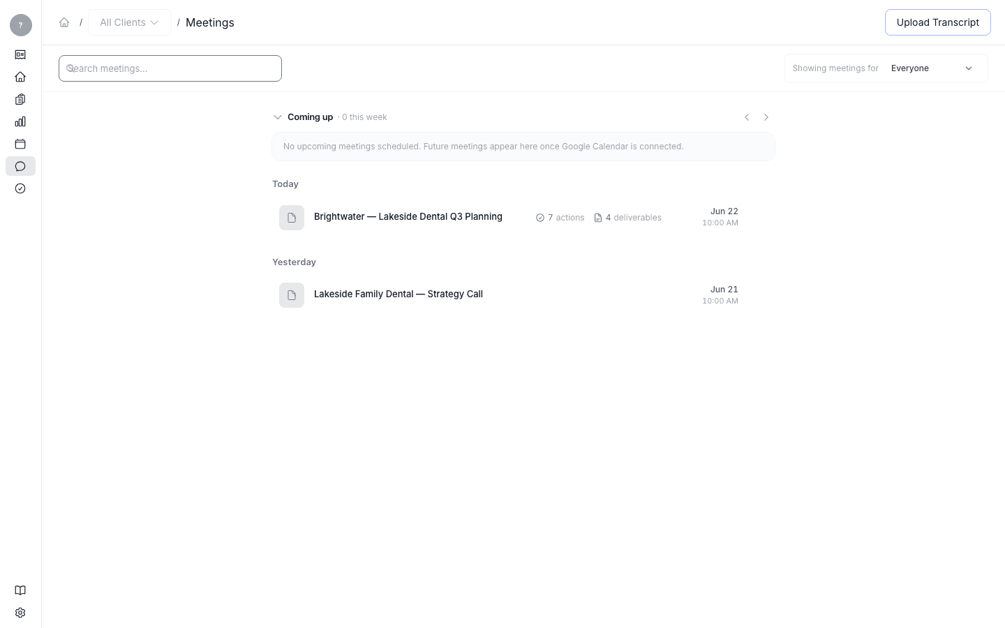 The Meetings inbox with the Upload Transcript button