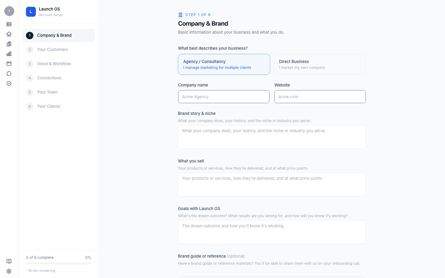 Step 1 of the setup wizard — Company & Brand