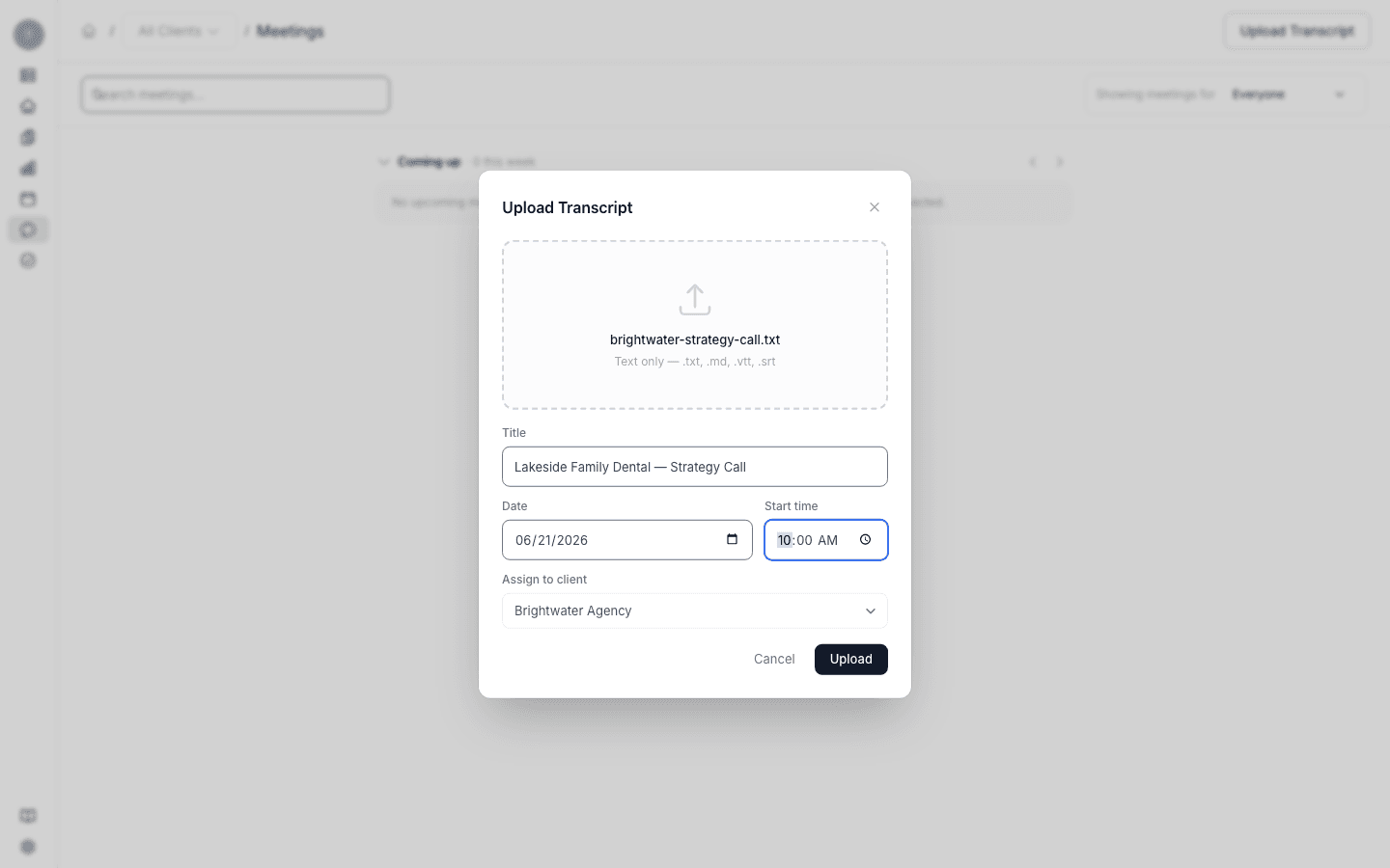 The Upload Transcript dialog with a file chosen and a client selected