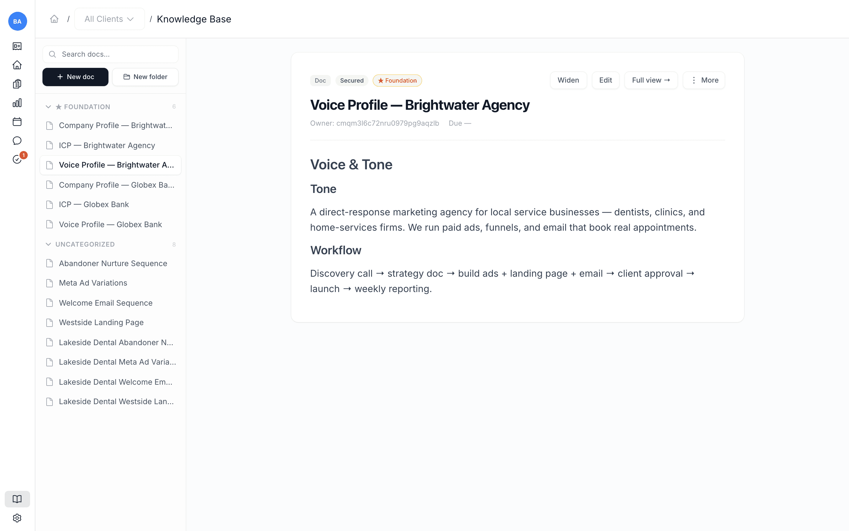 A voice profile in the Knowledge Base — what the system reads to match your voice